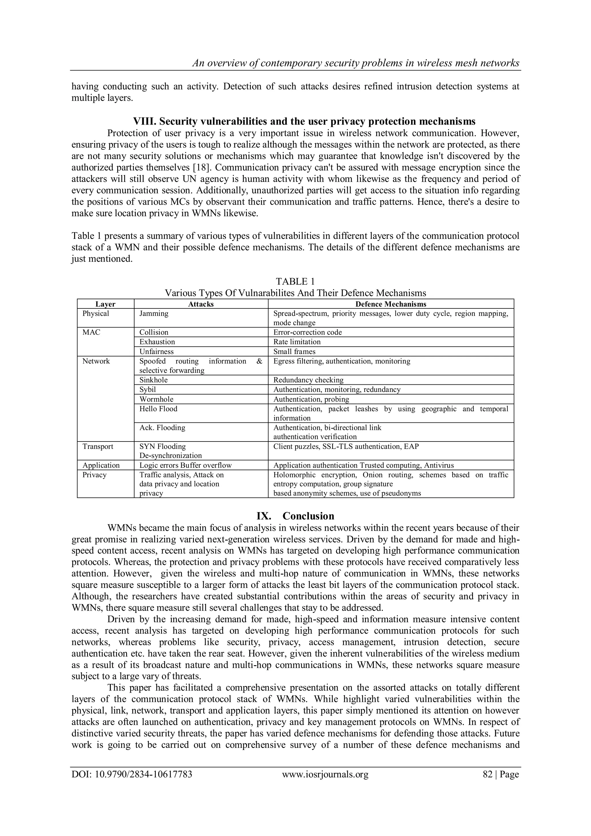 An overview of contemporary security problems in wireless mesh networks
DOI: 10.9790/2834-10617783 www.iosrjournals.org 82 | Page
having conducting such an activity. Detection of such attacks desires refined intrusion detection systems at
multiple layers.
VIII. Security vulnerabilities and the user privacy protection mechanisms
Protection of user privacy is a very important issue in wireless network communication. However,
ensuring privacy of the users is tough to realize although the messages within the network are protected, as there
are not many security solutions or mechanisms which may guarantee that knowledge isn't discovered by the
authorized parties themselves [18]. Communication privacy can't be assured with message encryption since the
attackers will still observe UN agency is human activity with whom likewise as the frequency and period of
every communication session. Additionally, unauthorized parties will get access to the situation info regarding
the positions of various MCs by observant their communication and traffic patterns. Hence, there's a desire to
make sure location privacy in WMNs likewise.
Table 1 presents a summary of various types of vulnerabilities in different layers of the communication protocol
stack of a WMN and their possible defence mechanisms. The details of the different defence mechanisms are
just mentioned.
TABLE 1
Various Types Of Vulnarabilites And Their Defence Mechanisms
Layer Attacks Defence Mechanisms
Physical Jamming Spread-spectrum, priority messages, lower duty cycle, region mapping,
mode change
MAC Collision Error-correction code
Exhaustion Rate limitation
Unfairness Small frames
Network Spoofed routing information &
selective forwarding
Egress filtering, authentication, monitoring
Sinkhole Redundancy checking
Sybil Authentication, monitoring, redundancy
Wormhole Authentication, probing
Hello Flood Authentication, packet leashes by using geographic and temporal
information
Ack. Flooding Authentication, bi-directional link
authentication verification
Transport SYN Flooding
De-synchronization
Client puzzles, SSL-TLS authentication, EAP
Application Logic errors Buffer overflow Application authentication Trusted computing, Antivirus
Privacy Traffic analysis, Attack on
data privacy and location
privacy
Holomorphic encryption, Onion routing, schemes based on traffic
entropy computation, group signature
based anonymity schemes, use of pseudonyms
IX. Conclusion
WMNs became the main focus of analysis in wireless networks within the recent years because of their
great promise in realizing varied next-generation wireless services. Driven by the demand for made and high-
speed content access, recent analysis on WMNs has targeted on developing high performance communication
protocols. Whereas, the protection and privacy problems with these protocols have received comparatively less
attention. However, given the wireless and multi-hop nature of communication in WMNs, these networks
square measure susceptible to a larger form of attacks the least bit layers of the communication protocol stack.
Although, the researchers have created substantial contributions within the areas of security and privacy in
WMNs, there square measure still several challenges that stay to be addressed.
Driven by the increasing demand for made, high-speed and information measure intensive content
access, recent analysis has targeted on developing high performance communication protocols for such
networks, whereas problems like security, privacy, access management, intrusion detection, secure
authentication etc. have taken the rear seat. However, given the inherent vulnerabilities of the wireless medium
as a result of its broadcast nature and multi-hop communications in WMNs, these networks square measure
subject to a large vary of threats.
This paper has facilitated a comprehensive presentation on the assorted attacks on totally different
layers of the communication protocol stack of WMNs. While highlight varied vulnerabilities within the
physical, link, network, transport and application layers, this paper simply mentioned its attention on however
attacks are often launched on authentication, privacy and key management protocols on WMNs. In respect of
distinctive varied security threats, the paper has varied defence mechanisms for defending those attacks. Future
work is going to be carried out on comprehensive survey of a number of these defence mechanisms and
 