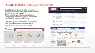 Basic Electronics Components
Basic Electronic Components are: resistor,
capacitor, transistor, diode, operational amplifier,
resistor array, logic gate etc.
These are of 2 types: Passive and Active
Components. Both these types of components
can be either Through-Hole or SMD.
One can buy these components easily online
from websites like www.nevonexpress.in,
www.digikey.in, www.indiamart.com,etc.
 