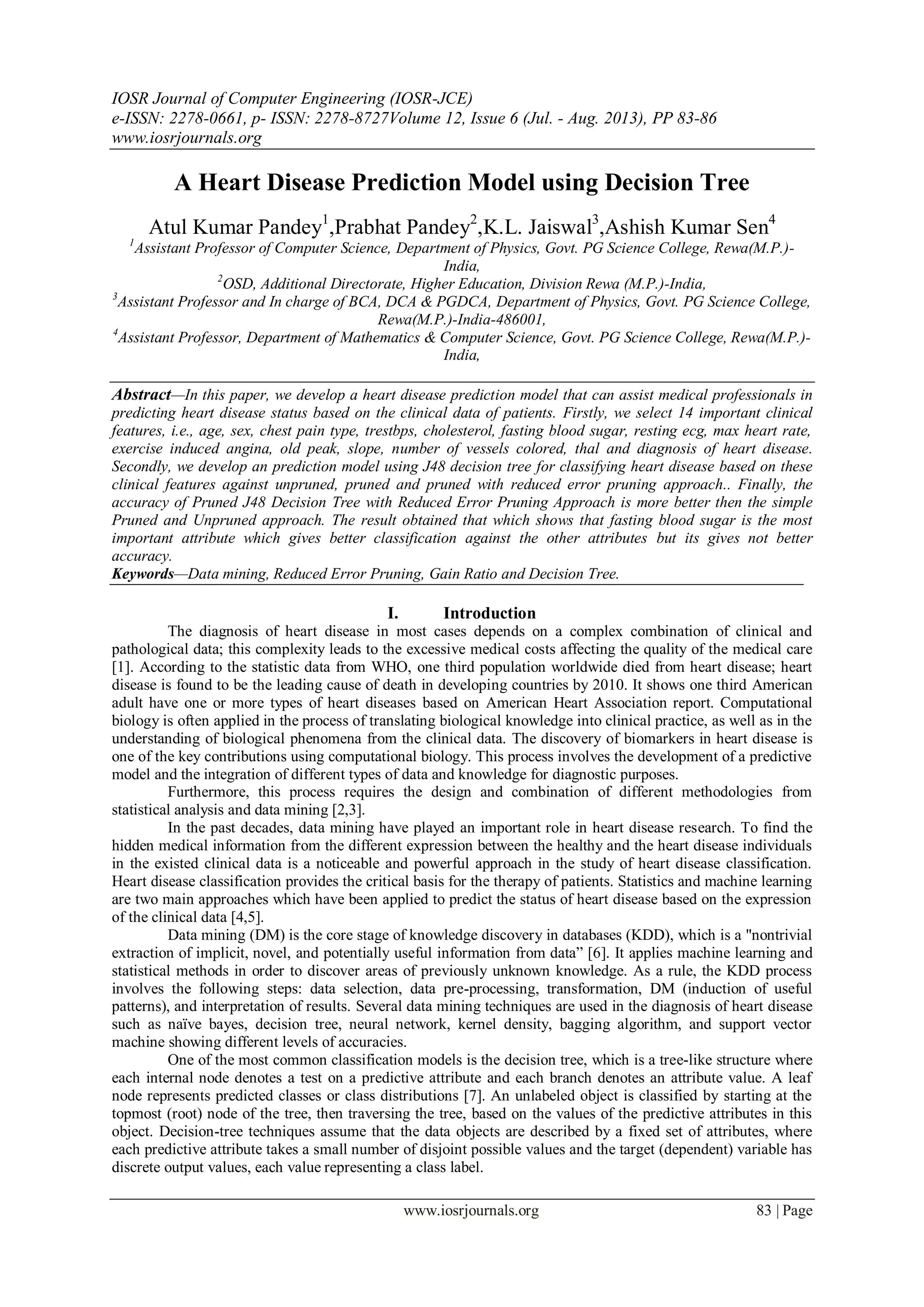 A Heart Disease Prediction Model using Decision Tree | PDF