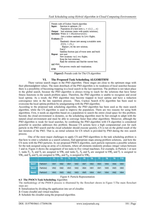 Task Scheduling using Hybrid Algorithm in Cloud Computing Environments
DOI: 10.9790/0661-173696106 www.iosrjournals.org 101 | Page
Figure2: Pseudo code for The CS algorithm
VI. The Proposed Task Scheduling ALGORITHM
There various search stages in the PSO algorithm. These stages are close to the optimum stage with
their pbestandgbest values. The main drawback of the PSO algorithm is its weakness of local searches because
there is a possibility of becoming trapping in a local search in the last repetition. The problem is not taken place
in the global search, because the PSO algorithm is always trying to reach for the solutions that have better
fitness functions in the search problem space. Therefore, the PSO algorithm is unable to recognize and avoid
local optima. As a result, the PSO algorithm may become trapped in local optima and have a reduction
convergence ratio in the late repetition process. Then, Cuckoo Search (CS) algorithm has been used to
overcome the local optima problem by amalgamating with the PSO algorithm.
According to the proposed task scheduling algorithm, the PSO algorithm has been used as the main search
algorithm, while the CS algorithm is used to improve the population. There are two reasons for using both
algorithms. First, it needs an algorithm based on a population to search the entire cloud space for this problem.
Second, the cloud environment is dynamic, so the scheduling algorithm must be fast enough to adapt with the
natural cloud environment and must be able to converge faster than other algorithms. Moreover, although the
PSO algorithm is weak for local searches, by combining the PSO algorithm with CS algorithm is considered
powerful in searches addresses this problem. Because CS actions have a high computational cost for each
particle in the PSO search and the cloud scheduler should execute quickly, CS is run on the global result of the
last iteration of the PSO. That is, an initial solution for CS which is provided by PSO during the mix search
process.
One of the most major challenges to apply CS and PSO algorithms in the task scheduling problem is
that how to enter a schedule as a search solution, find appropriate maps among problem solutions, and how the
CS nests with the PSO particles. In our proposed PSOCS algorithm, each particle represents a possible solution
for the task assigned using an array of n elements, where all elements randomly produce integer values between
1 and m. Figure 4 shows the assignment of ten tasks to five virtual machines. For example, in Particle 1 or nest
1, tasks T1, T5 and T3 are assigned to VM1 and tasks T2 , T6 and T4 are assigned to VM2 and T7 is assigned to
VM3 and T8 and T9 are assigned to VM4, and T10 is assigned to VM5.
Figure 4: Particle Representation
6.1 The PSOCS Task Scheduling Algorithm
The methodology of the PSOCS process is illustrated by the flowchart shown in Figure 5.The main flowchart
steps are:
1- Initialization by dividing the application into set of cloudlet.
2- Create cloudlet and virtaul machine.
3- Schedule the cloudlet using the proposed algorithm.
 