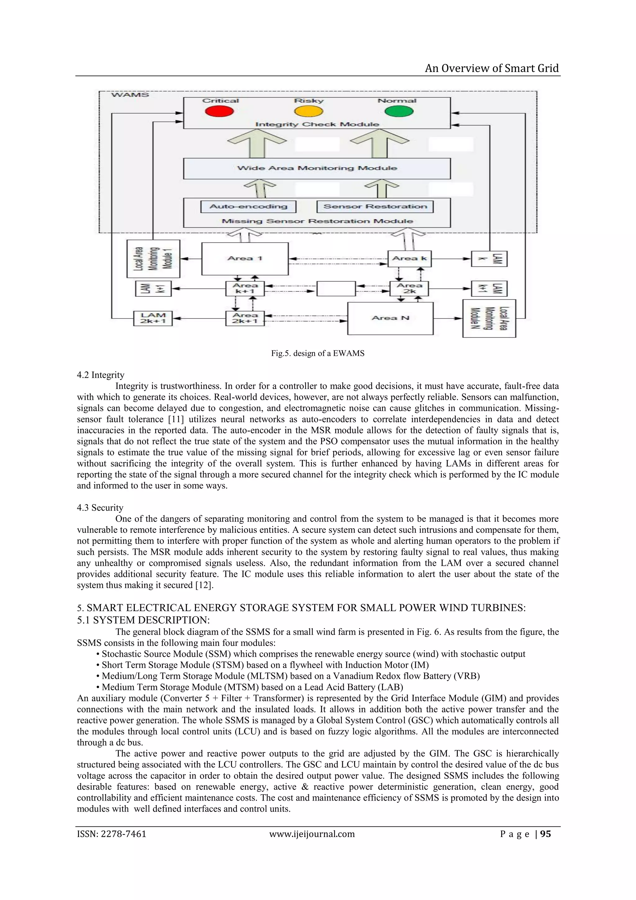 An Overview of Smart Grid




                                                   Fig.5. design of a EWAMS

4.2 Integrity
          Integrity is trustworthiness. In order for a controller to make good decisions, it must have accurate, fault-free data
with which to generate its choices. Real-world devices, however, are not always perfectly reliable. Sensors can malfunction,
signals can become delayed due to congestion, and electromagnetic noise can cause glitches in communication. Missing-
sensor fault tolerance [11] utilizes neural networks as auto-encoders to correlate interdependencies in data and detect
inaccuracies in the reported data. The auto-encoder in the MSR module allows for the detection of faulty signals that is,
signals that do not reflect the true state of the system and the PSO compensator uses the mutual information in the healthy
signals to estimate the true value of the missing signal for brief periods, allowing for excessive lag or even sensor failure
without sacrificing the integrity of the overall system. This is further enhanced by having LAMs in different areas for
reporting the state of the signal through a more secured channel for the integrity check which is performed by the IC module
and informed to the user in some ways.

4.3 Security
          One of the dangers of separating monitoring and control from the system to be managed is that it becomes more
vulnerable to remote interference by malicious entities. A secure system can detect such intrusions and compensate for them,
not permitting them to interfere with proper function of the system as whole and alerting human operators to the problem if
such persists. The MSR module adds inherent security to the system by restoring faulty signal to real values, thus making
any unhealthy or compromised signals useless. Also, the redundant information from the LAM over a secured channel
provides additional security feature. The IC module uses this reliable information to alert the user about the state of the
system thus making it secured [12].

5. SMART ELECTRICAL ENERGY STORAGE SYSTEM FOR SMALL POWER WIND TURBINES:
5.1 SYSTEM DESCRIPTION:
          The general block diagram of the SSMS for a small wind farm is presented in Fig. 6. As results from the figure, the
SSMS consists in the following main four modules:
     • Stochastic Source Module (SSM) which comprises the renewable energy source (wind) with stochastic output
     • Short Term Storage Module (STSM) based on a flywheel with Induction Motor (IM)
     • Medium/Long Term Storage Module (MLTSM) based on a Vanadium Redox flow Battery (VRB)
     • Medium Term Storage Module (MTSM) based on a Lead Acid Battery (LAB)
An auxiliary module (Converter 5 + Filter + Transformer) is represented by the Grid Interface Module (GIM) and provides
connections with the main network and the insulated loads. It allows in addition both the active power transfer and the
reactive power generation. The whole SSMS is managed by a Global System Control (GSC) which automatically controls all
the modules through local control units (LCU) and is based on fuzzy logic algorithms. All the modules are interconnected
through a dc bus.
          The active power and reactive power outputs to the grid are adjusted by the GIM. The GSC is hierarchically
structured being associated with the LCU controllers. The GSC and LCU maintain by control the desired value of the dc bus
voltage across the capacitor in order to obtain the desired output power value. The designed SSMS includes the following
desirable features: based on renewable energy, active & reactive power deterministic generation, clean energy, good
controllability and efficient maintenance costs. The cost and maintenance efficiency of SSMS is promoted by the design into
modules with well defined interfaces and control units.

ISSN: 2278-7461                                    www.ijeijournal.com                                          P a g e | 95
 