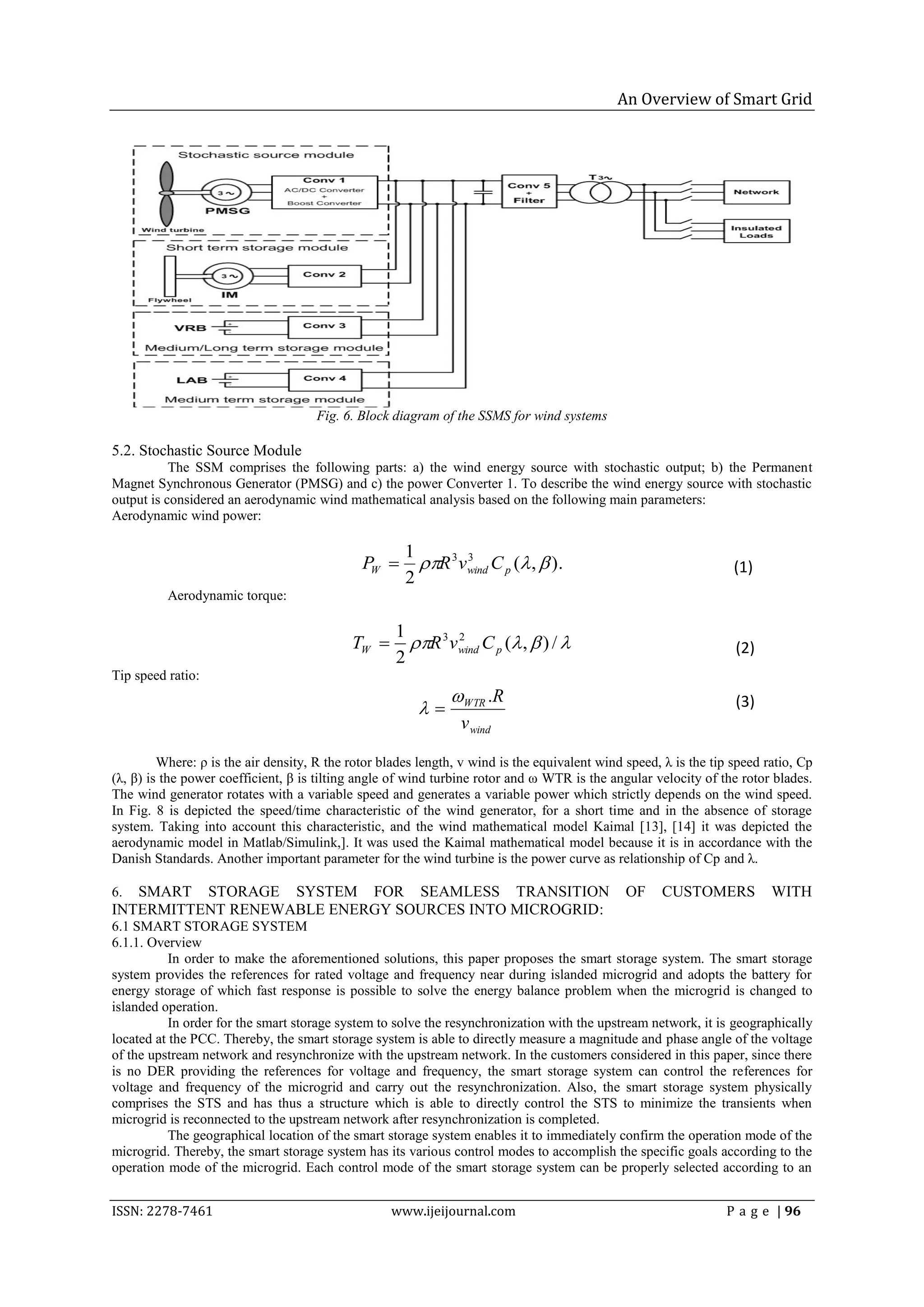 An Overview of Smart Grid




                                      Fig. 6. Block diagram of the SSMS for wind systems

5.2. Stochastic Source Module
           The SSM comprises the following parts: a) the wind energy source with stochastic output; b) the Permanent
Magnet Synchronous Generator (PMSG) and c) the power Converter 1. To describe the wind energy source with stochastic
output is considered an aerodynamic wind mathematical analysis based on the following main parameters:
Aerodynamic wind power:

                                                      1
                                              PW       R 3 v wind C p ( ,  ).
                                                                3
                                                                                                                   (1)
                                                      2
          Aerodynamic torque:

                                                    1
                                            TW       R 3 v wind C p ( ,  ) / 
                                                              2
                                                                                                                   (2)
                                                    2
Tip speed ratio:
                                                              WTR .R                                              (3)
                                                        
                                                                v wind

         Where: ρ is the air density, R the rotor blades length, v wind is the equivalent wind speed, λ is the tip speed ratio, Cp
(λ, β) is the power coefficient, β is tilting angle of wind turbine rotor and ω WTR is the angular velocity of the rotor blades.
The wind generator rotates with a variable speed and generates a variable power which strictly depends on the wind speed.
In Fig. 8 is depicted the speed/time characteristic of the wind generator, for a short time and in the absence of storage
system. Taking into account this characteristic, and the wind mathematical model Kaimal [13], [14] it was depicted the
aerodynamic model in Matlab/Simulink,]. It was used the Kaimal mathematical model because it is in accordance with the
Danish Standards. Another important parameter for the wind turbine is the power curve as relationship of Cp and λ.

6. SMART STORAGE SYSTEM FOR SEAMLESS TRANSITION                                                OF     CUSTOMERS           WITH
INTERMITTENT RENEWABLE ENERGY SOURCES INTO MICROGRID:
6.1 SMART STORAGE SYSTEM
6.1.1. Overview
           In order to make the aforementioned solutions, this paper proposes the smart storage system. The smart storage
system provides the references for rated voltage and frequency near during islanded microgrid and adopts the battery for
energy storage of which fast response is possible to solve the energy balance problem when the microgrid is changed to
islanded operation.
           In order for the smart storage system to solve the resynchronization with the upstream network, it is geographically
located at the PCC. Thereby, the smart storage system is able to directly measure a magnitude and phase angle of the voltage
of the upstream network and resynchronize with the upstream network. In the customers considered in this paper, since there
is no DER providing the references for voltage and frequency, the smart storage system can control the references for
voltage and frequency of the microgrid and carry out the resynchronization. Also, the smart storage system physically
comprises the STS and has thus a structure which is able to directly control the STS to minimize the transients when
microgrid is reconnected to the upstream network after resynchronization is completed.
           The geographical location of the smart storage system enables it to immediately confirm the operation mode of the
microgrid. Thereby, the smart storage system has its various control modes to accomplish the specific goals according to the
operation mode of the microgrid. Each control mode of the smart storage system can be properly selected according to an


ISSN: 2278-7461                                    www.ijeijournal.com                                            P a g e | 96
 