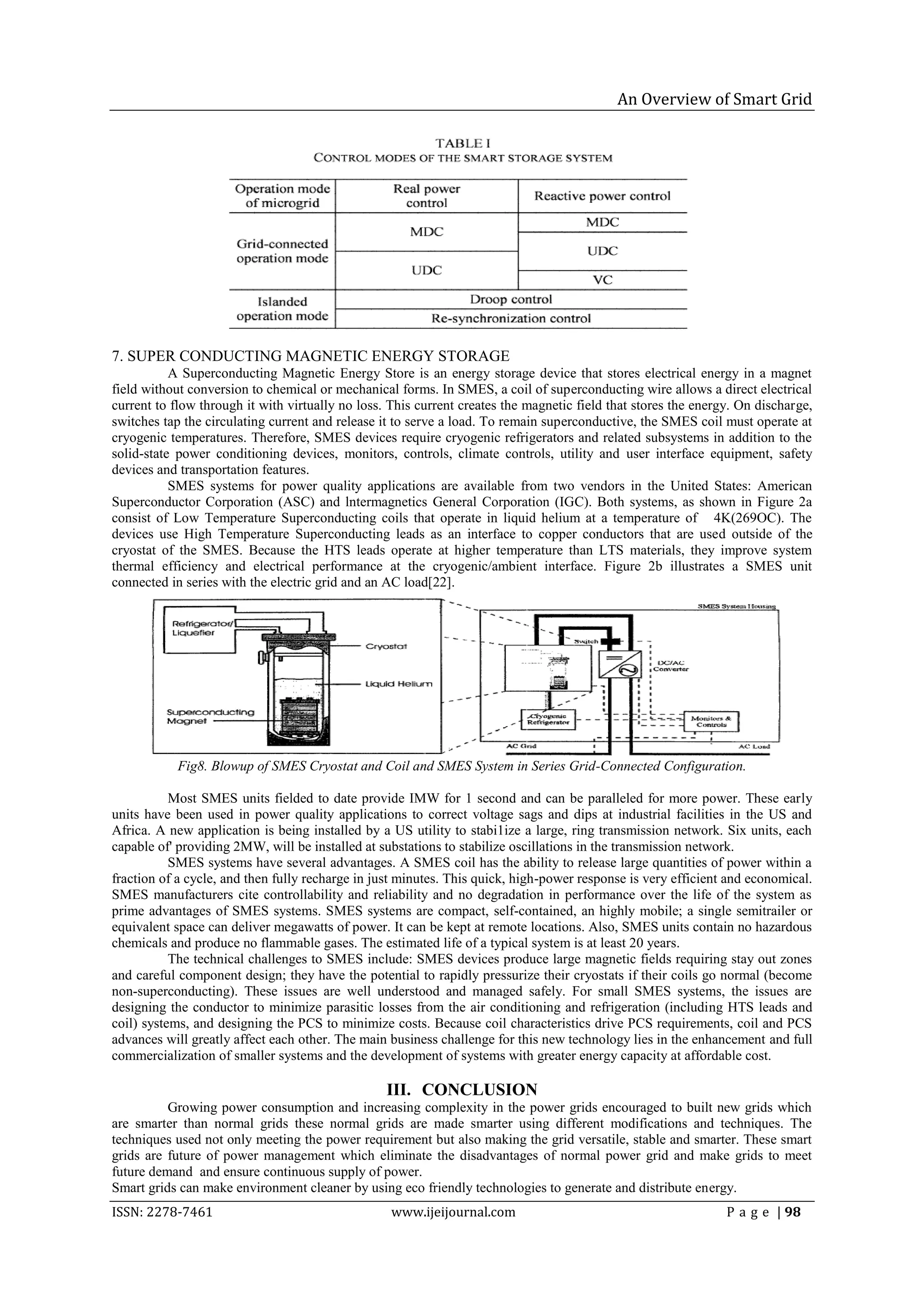 An Overview of Smart Grid




7. SUPER CONDUCTING MAGNETIC ENERGY STORAGE
           A Superconducting Magnetic Energy Store is an energy storage device that stores electrical energy in a magnet
field without conversion to chemical or mechanical forms. In SMES, a coil of superconducting wire allows a direct electrical
current to flow through it with virtually no loss. This current creates the magnetic field that stores the energy. On discharge,
switches tap the circulating current and release it to serve a load. To remain superconductive, the SMES coil must operate at
cryogenic temperatures. Therefore, SMES devices require cryogenic refrigerators and related subsystems in addition to the
solid-state power conditioning devices, monitors, controls, climate controls, utility and user interface equipment, safety
devices and transportation features.
           SMES systems for power quality applications are available from two vendors in the United States: American
Superconductor Corporation (ASC) and lntermagnetics General Corporation (IGC). Both systems, as shown in Figure 2a
consist of Low Temperature Superconducting coils that operate in liquid helium at a temperature of 4K(269OC). The
devices use High Temperature Superconducting leads as an interface to copper conductors that are used outside of the
cryostat of the SMES. Because the HTS leads operate at higher temperature than LTS materials, they improve system
thermal efficiency and electrical performance at the cryogenic/ambient interface. Figure 2b illustrates a SMES unit
connected in series with the electric grid and an AC load[22].




            Fig8. Blowup of SMES Cryostat and Coil and SMES System in Series Grid-Connected Configuration.

           Most SMES units fielded to date provide IMW for 1 second and can be paralleled for more power. These early
units have been used in power quality applications to correct voltage sags and dips at industrial facilities in the US and
Africa. A new application is being installed by a US utility to stabi1ize a large, ring transmission network. Six units, each
capable of' providing 2MW, will be installed at substations to stabilize oscillations in the transmission network.
           SMES systems have several advantages. A SMES coil has the ability to release large quantities of power within a
fraction of a cycle, and then fully recharge in just minutes. This quick, high-power response is very efficient and economical.
SMES manufacturers cite controllability and reliability and no degradation in performance over the life of the system as
prime advantages of SMES systems. SMES systems are compact, self-contained, an highly mobile; a single semitrailer or
equivalent space can deliver megawatts of power. It can be kept at remote locations. Also, SMES units contain no hazardous
chemicals and produce no flammable gases. The estimated life of a typical system is at least 20 years.
           The technical challenges to SMES include: SMES devices produce large magnetic fields requiring stay out zones
and careful component design; they have the potential to rapidly pressurize their cryostats if their coils go normal (become
non-superconducting). These issues are well understood and managed safely. For small SMES systems, the issues are
designing the conductor to minimize parasitic losses from the air conditioning and refrigeration (including HTS leads and
coil) systems, and designing the PCS to minimize costs. Because coil characteristics drive PCS requirements, coil and PCS
advances will greatly affect each other. The main business challenge for this new technology lies in the enhancement and full
commercialization of smaller systems and the development of systems with greater energy capacity at affordable cost.

                                                  III. CONCLUSION
          Growing power consumption and increasing complexity in the power grids encouraged to built new grids which
are smarter than normal grids these normal grids are made smarter using different modifications and techniques. The
techniques used not only meeting the power requirement but also making the grid versatile, stable and smarter. These smart
grids are future of power management which eliminate the disadvantages of normal power grid and make grids to meet
future demand and ensure continuous supply of power.
Smart grids can make environment cleaner by using eco friendly technologies to generate and distribute energy.
ISSN: 2278-7461                                    www.ijeijournal.com                                          P a g e | 98
 