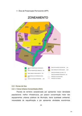 • Área de Preservação Permanente (APP)

2.2.1 Zonas de Uso
2.2.1.1 Zona Urbana Consolidada (ZUC)
Parcela do território caracterizada por apresentar maior densidade
populacional, melhor infraestrutura, por possuir concentração maior dos
equipamentos urbanos públicos do Município, baixa qualidade ambiental,
necessidade de requalificação e por apresentar atividades econômicas
24

124

 