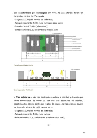 São caracterizadas por intersecções em nível. As vias arteriais devem ter
dimensões mínima de 27m, sendo:
- Calçada: 3,00m (três metros) de cada lado;
- Faixa de rolamento: 7,00m (sete metros de cada lado);
- Canteiro central: 3,00m (três metros);
- Estacionamento: 2,00 (dois metros) de cada lado.

Planta Esquemática Via Arterial

Corte Esquemático Via Arterial

• Vias coletoras – são vias destinadas a coletar e distribuir o trânsito que
tenha necessidade de entrar ou sair das vias estruturais ou arteriais,
possibilitando o trânsito dentro das regiões da cidade. As vias coletoras devem
ter dimensão mínima de 18,00 metros, sendo:
- Calçada: 3,00m (três metros) de cada lado;
- Faixa de rolamento: 7,00m (sete metros);
- Estacionamento: 2,50 (dois metros e meio de cada lado);

33

133

 