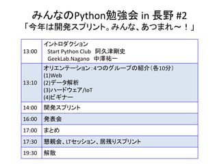 みんなのPython勉強会 in 長野 #2
「今年は開発スプリント。みんな、あつまれ〜！」
13:00
イントロダクション
Start Python Club 阿久津剛史
GeekLab.Nagano 中澤祐一
13:10
オリエンテーション：4つのグループの紹介（各10分）
(1)Web
(2)データ解析
(3)ハードウェア/IoT
(4)ビギナー
14:00 開発スプリント
16:00 発表会
17:00 まとめ
17:30 懇親会、LTセッション、居残りスプリント
19:30 解散
 