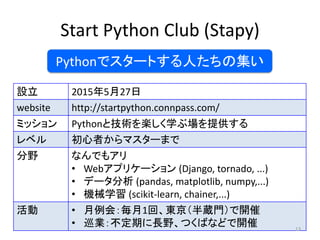 Start Python Club (Stapy)
設立 2015年5月27日
website http://startpython.connpass.com/
ミッション Pythonと技術を楽しく学ぶ場を提供する
レベル 初心者からマスターまで
分野 なんでもアリ
• Webアプリケーション (Django, tornado, ...)
• データ分析 (pandas, matplotlib, numpy,...)
• 機械学習 (scikit-learn, chainer,...)
活動 • 月例会：毎月1回、東京（半蔵門）で開催
• 巡業：不定期に長野、つくばなどで開催 13
Pythonでスタートする人たちの集い
 