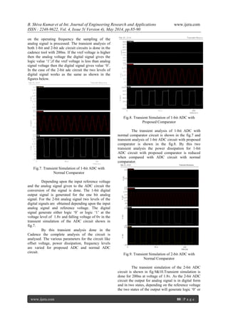 B. Shiva Kumar et al Int. Journal of Engineering Research and Applications www.ijera.com
ISSN : 2248-9622, Vol. 4, Issue 5( Version 4), May 2014, pp.85-90
www.ijera.com 88 | P a g e
on the operating frequency the sampling of the
analog signal is processed. The transient analysis of
both 1-bit and 2-bit adc circuit circuits is done in the
cadence tool with 200ns. If the vref voltage is higher
then the analog voltage the digital signal gives the
logic value ‘1’,if the vref voltage is less than analog
signal voltage then the digital signal gives value ‘0’.
In the case of the 2-bit adc circuit the two levels of
digital signal works as the same as shown in the
figures below.
Fig.7. Transient Simulation of 1-bit ADC with
Normal Comparator
Depending upon the input reference voltage
and the analog signal given to the ADC circuit the
conversion of the signal is done. The 1-bit digital
output signal is generated for the one bit analog
signal. For the 2-bit analog signal two levels of the
digital signals are obtained depending upon the input
analog signal and reference voltage. The digital
signal generate either logic ‘0’ or logic ‘1’ at the
voltage level of 1.8v and falling voltage of 0v in the
transient simulation of the ADC circuit shown in
fig.7.
By this transient analysis done in the
Cadence the complete analysis of the circuit is
analysed. The various parameters for the circuit like
offset voltage, power dissipation, frequency levels
are varied for proposed ADC and normal ADC
circuit.
Fig.8. Transient Simulation of 1-bit ADC with
Proposed Comparator
The transient analysis of 1-bit ADC with
normal comparator circuit is shown in the fig.7 and
transient analysis of 1-bit ADC circuit with proposed
comparator is shown in the fig.8. By this two
transient analysis the power dissipation for 1-bit
ADC circuit with proposed comparator is reduced
when compared with ADC circuit with normal
comparator.
Fig.9. Transient Simulation of 2-bit ADC with
Normal Comparator
The transient simulation of the 2-bit ADC
circuit is shown in fig.9&10.Transient simulation is
done for 200ns at voltage of 1.8v. As the 2-bit ADC
circuit the output for analog signal is in digital form
and in two states, depending on the reference voltage
the two states of the output will generate logic ‘0’ or
 