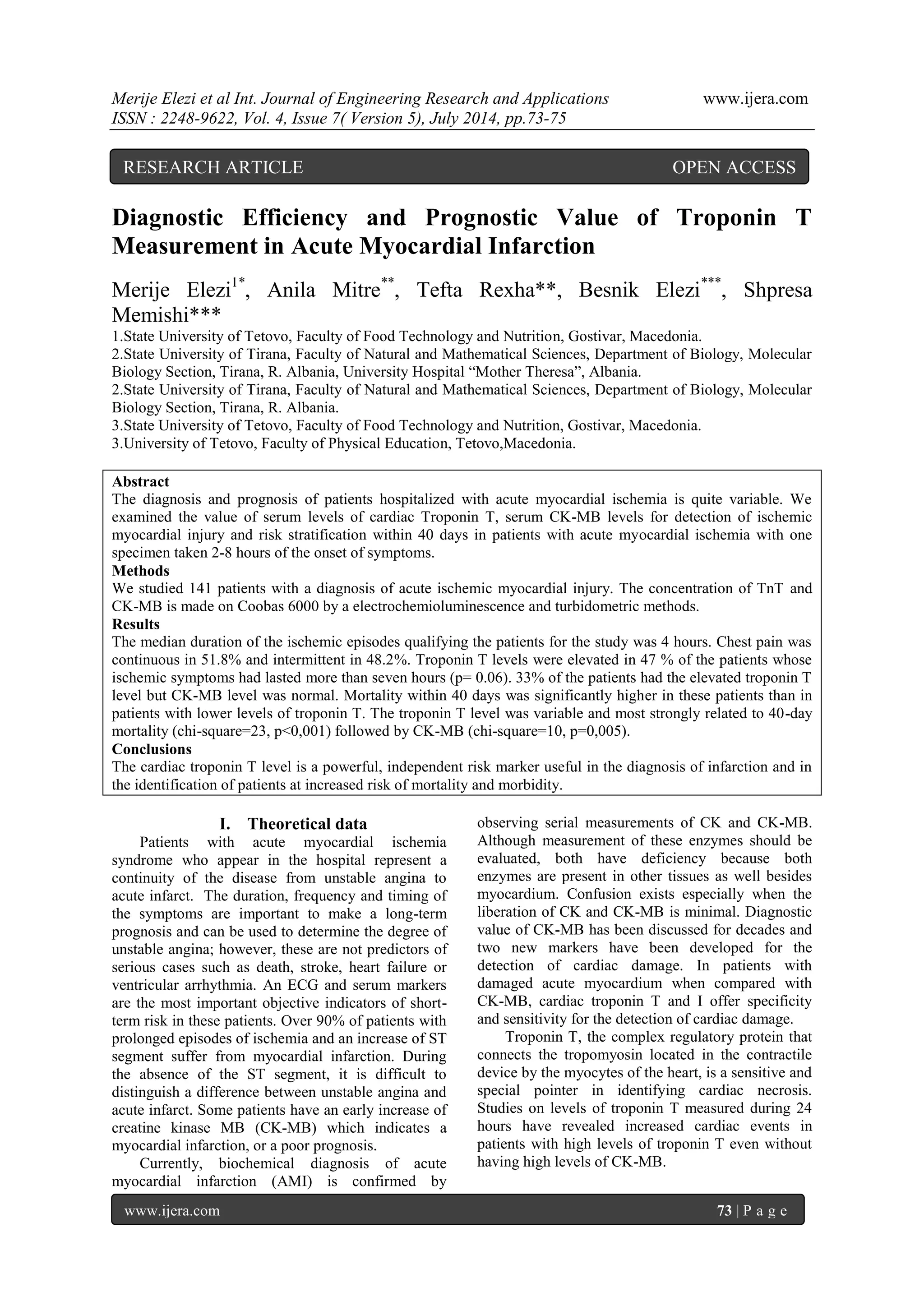 Diagnostic Efficiency and Prognostic Value of Troponin T Measurement in ...