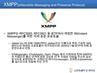 XMPP(eXtensible Messaging and Presence Protocol)XMPP는 RFC3920, RFC3921 등 IETF에서 제정한 IM(Instant Messenger)를 위한 국제 표준 프로토콜Jabber Inc.에 의해 1998년부터 Jabber라는 이름으로 확장 가능한 XML 베이스의 메세징 프로토콜이 연구되었으며, 2004년 1월 IETF에 의해 표준안으로서 인정GTalk(google), iChat(Apple), Gaim, Pidgin 등이 지원하며 현재 XMPP는 두 지점간의 통신 규격에 관한 것으로 이 두 지점은 이메일 주소와 같은 방식으로 표현되며 두  지점간의 메시지(message), 프레즌스(presence)를 실시간으로 전달해 주는 규격