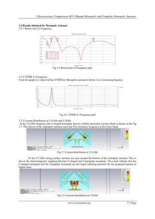 Characteristic Comparison Of U-Shaped Monopole And Complete Monopole Antenna.
www.iosrjournals.org 73 | Page
3.2 Results obtained for Monopole Antenna
3.2.1 Return loss Vs Frequency
Fig 3.5 Return loss Vs Frequency plot
3.2.2 VSWR Vs Frequency
From the graph it is observed that VSWR for Monopole antenna is below 2 at a resonating frquency
Fig 3.6: VSWR Vs Frequency plot
3.2.3 Current Distribution at 2.6 GHz and 5.2GHz
At the 2.6 GHz frequency the U-shaped monopole sleeves exhibits maximum current which is shown in the Fig
3.7. The sleeves of the monopole antenna cause the first resonance frequency at the lower band.
Fig 3.7.Current distribution at 2.6 GHz
At the 5.2 GHz strong surface currents are seen around the bottom of the monopole antenna. This is
due to the electromagnetic coupling between U-shaped and Triamgular monopole. The result indicate that the
U-shaped monopole and the Triangular monopole are the major radiating elements for the proposed antenna at
higher band.
Fig 3.8 :Current distribution at 5.2GHz
 