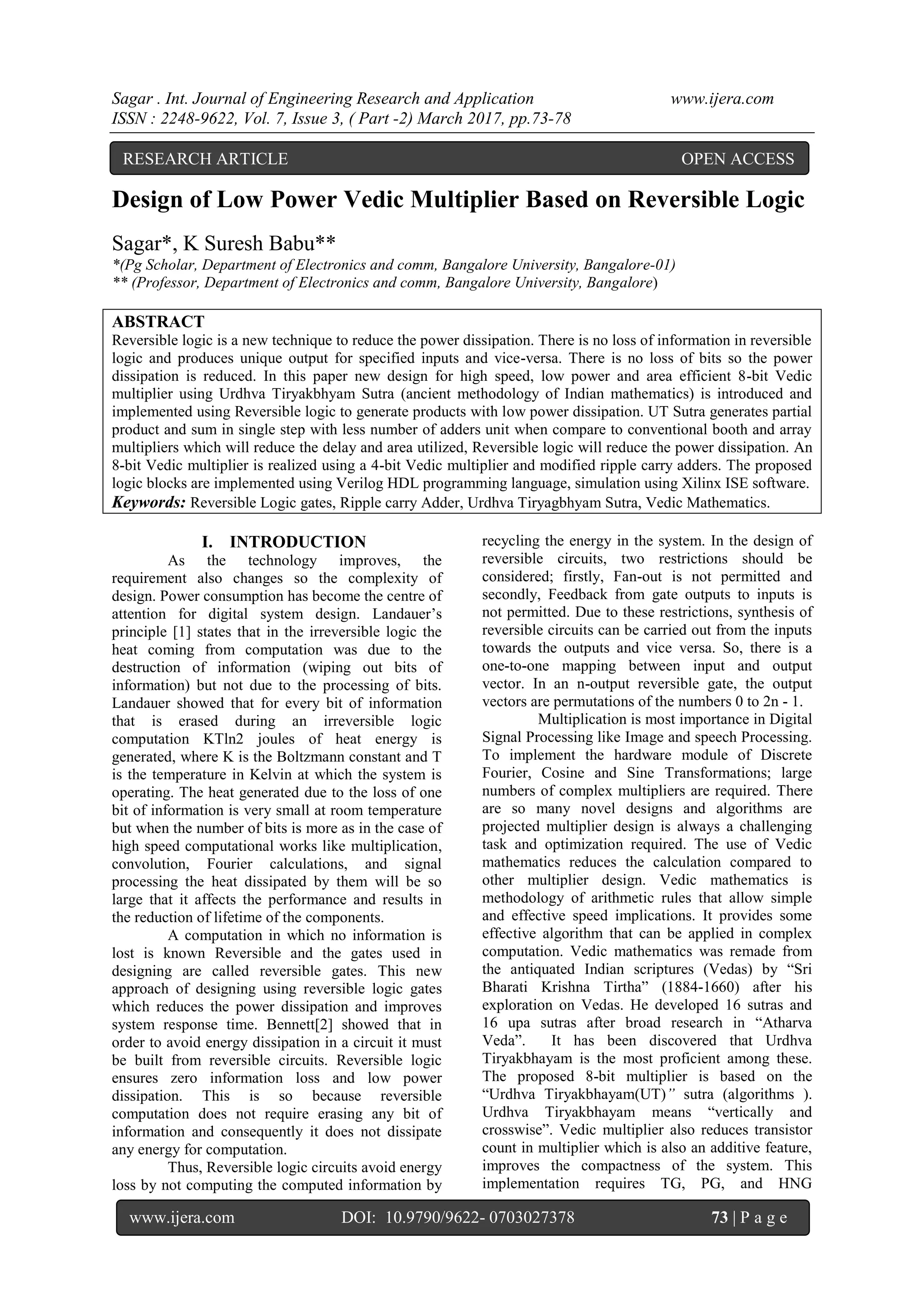 Design of Low Power Vedic Multiplier Based on Reversible Logic | PDF