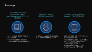 Roadmap
• コアネットワークのワークロードをマイクロソフトの
ハイブリッドクラウドに移行
• パブリッククラウドとしてのAzureと、事業者内
のオンプレ上のアプリ、両方をサポートする
ハイブリッドクラウドのアプローチ
• 3rd Party製品を含む複数ベンダーの
VNF/CNFもAzure上で運用可能に
次の18か月でAT&Tのクラウドから
Azureのハイブリッドクラウドに移行
• すべてのWork-Loadはオンプレミス上にあり、
Azure ARCの仕組みを利用しAzure化
18か月程度でAT&Tの
知的財産をAzureに移行
• コンシューマ、エンタープライズ、パブリック
セーフティが対象
• マイクロソフトは顧客のデータにアクセス
できないよう慎重に今回の仕組みを設計
AT&Tの現在のネットワーク
クラウドの展開を引き継ぎ、
Azure for Operatorsポートフォリオに
順次移行
16
 
