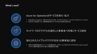 What’s next?
Azure for Operatorsのサービスを強化・拡大
✓ AT&Tが持っているオペレータ用クラウドのノウハウを、マイクロソフトのエッジ／ハイブリッドクラウドへフィードバック
✓ AT&Tの人材を受け入れ、通信事業者向けサービスのさらなる強化を図ります
ネットワークのクラウド化を選択した事業者へ同様にサービス提供
強化されたハイブリッドクラウドを多くの事業者に提供
✓ 世界中の通信事業者やパートナーとの協業を進め、カスタマーエッジからパブリッククラウドまで、End-to-Endで
クラウドと通信を組み合わせた新たな価値創出に貢献
17
 