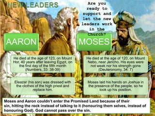 NEW LEADERSAre you ready to support and let the new leaders work in the Church?Moses and Aaron couldn’t enter the Promised Land because of their sin, hitting the rock instead of talking to it (honouringthem selves, instead of honouring God). God cannot pass over the sin.
