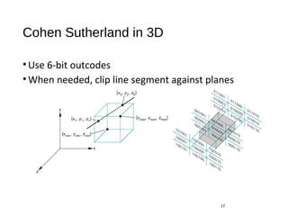 Cohen Sutherland in 3D
•Use 6-bit outcodes
•When needed, clip line segment against planes
17
 