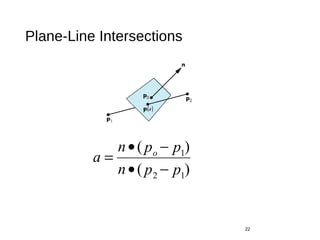 Plane-Line Intersections
22
)(
)(
12
1
ppn
ppn
a o
−•
−•
=
 