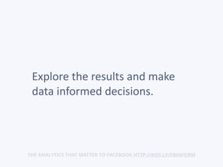 Explore	
  the	
  results	
  and	
  make	
  
data	
  informed	
  decisions.
THE ANALYTICS THAT MATTER TO FACEBOOK HTTP://KISS.LY/FBINFORM
 