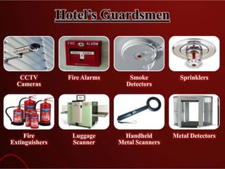 Hotel’s Guardsmen
CCTV
Cameras
Fire Alarms Smoke
Detectors
Sprinklers
Fire
Extinguishers
Luggage
Scanner
Handheld
Metal Scanners
Metal Detectors
 