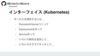 インターフェイス (Kubernetes)
- サービスを提供するには…
- PersistentVolumeつくって
- Deploymentを作って
- Service作って
- いろいろ制約を追加して…
- いろいろタグでアタッチして…
 