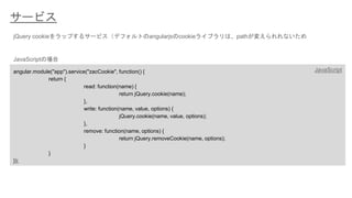サービス 
angular.module("app").service("zacCookie", function() { 
return { 
read: function(name) { 
return jQuery.cookie(name...