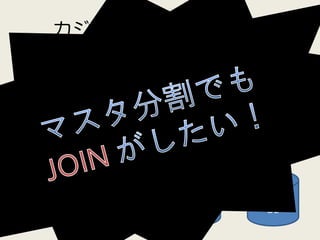 カジュアルなマスタ分割

        Master           JOIN           Master
          A              不可               B




Slave            Slave          Slave            Slave
 A1               A2             B1               B2
 