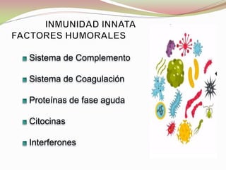 Sistema de Complemento
Sistema de Coagulación
Proteínas de fase aguda
Citocinas
Interferones
 