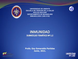 UNIVERSIDAD DE ORIENTE
ESCUELA DE CIENCIAS DE LA SALUD
NÚCLEO BOLÍVAR
DEPARTAMENTO DE BIOANÁLISIS
INMUNOLOGÍA I (200-3152)
Profa. Gey Esmeralda Partidas
Junio, 2021.
 