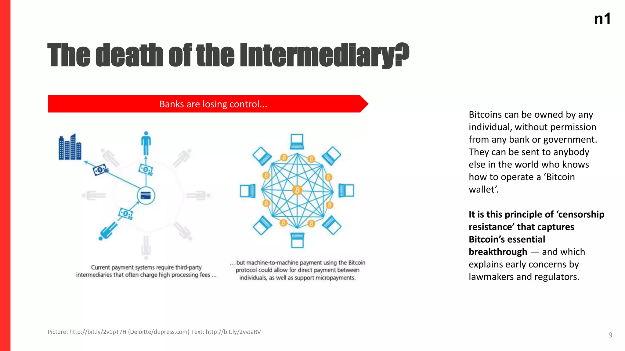 n1
9
The death of the Intermediary?
Picture: http://bit.ly/2v1pT7H (Deloitte/dupress.com) Text: http://bit.ly/2vvJaRV
Bitcoins can be owned by any
individual, without permission
from any bank or government.
They can be sent to anybody
else in the world who knows
how to operate a ‘Bitcoin
wallet’.
It is this principle of ‘censorship
resistance’ that captures
Bitcoin’s essential
breakthrough — and which
explains early concerns by
lawmakers and regulators.
Banks are losing control...
n1
 