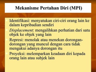 Mekanisme Pertahan Diri (MPI) Identifikasi: menyatukan ciri-ciri orang lain ke dalam kepribadian sendiri Displacement :  m engalihkan perhatian dari satu objek ke objek yang lain Repres i :  m enolak atau menekan dorongan-dorongan yang muncul dengan cara tidak mengakui adanya dorongan itu Proyeksi:  m elemparkan keadaan diri kepada orang lain atau subjek lain 