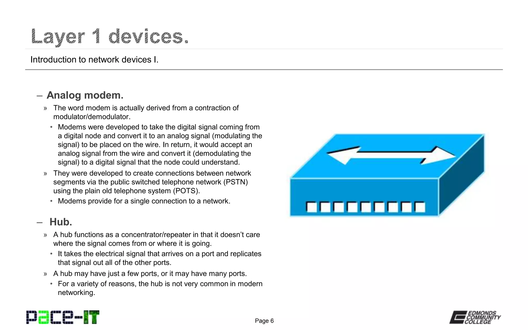 Page 6
– Analog modem.
» The word modem is actually derived from a contraction of
modulator/demodulator.
• Modems were developed to take the digital signal coming from
a digital node and convert it to an analog signal (modulating the
signal) to be placed on the wire. In return, it would accept an
analog signal from the wire and convert it (demodulating the
signal) to a digital signal that the node could understand.
» They were developed to create connections between network
segments via the public switched telephone network (PSTN)
using the plain old telephone system (POTS).
• Modems provide for a single connection to a network.
– Hub.
» A hub functions as a concentrator/repeater in that it doesn’t care
where the signal comes from or where it is going.
• It takes the electrical signal that arrives on a port and replicates
that signal out all of the other ports.
» A hub may have just a few ports, or it may have many ports.
• For a variety of reasons, the hub is not very common in modern
networking.
Introduction to network devices I.
 