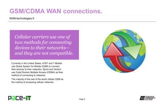 Page 5
Cellular carriers use one of
two methods for connecting
devices to their networks—
and they are not compatible.
Currently in the United States, AT&T and T-Mobile
use Global System for Mobile (GSM) to connect
their devices to their networks. Sprint and Verizon
use Code Division Multiple Access (CDMA) as their
method of connecting to networks.
The majority of the rest of the world utilizes GSM as
the method of accessing cellular networks.
WAN technologies II.
 