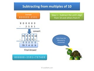 Subtracting from multiples of 10

       Example                          Step 1 – Subtract the unit’s digit
  800000-2591                              from 10 and others from 9

    8 0 0 0 0 0
   -    2 5 9 1
                 convert

     79 9 9 9 10
                                             Note how the
   -    2 5 9 1                               Minuend is
                                              converted
    79 7 4 0 9
      Final Answer


800000–2591=797409



                           © LazyMaths.com
 