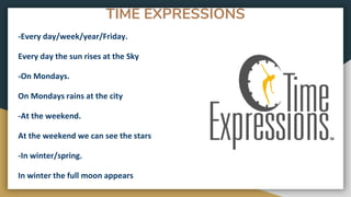 TIME EXPRESSIONS
-Every day/week/year/Friday.
Every day the sun rises at the Sky
-On Mondays.
On Mondays rains at the city
-At the weekend.
At the weekend we can see the stars
-In winter/spring.
In winter the full moon appears
 