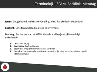 Terminoloji – SPAM, Backlink, Metatag
Spam: Googlebotu kandırmaya yönelik yanıltıcı hareketlerin bütünüdür.
Backlink: Bir sitenin başka bir siteye link vermesi.
Metatag: Sayfayı anlatan ve HTML <head> kod bloğuna eklenen bilgi
etiketleridir.
1. Title: Sayfa başlığı
2. Description: Sayfa açıklaması
3. Keyword: Sayfayı betimleyen anahtar kelimeler
4. Canonical: Standart sayfa, son derece benzer içeriğe sahip bir sayfa grubunun tercih
edilen sürümüdür
 