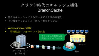 クラウド時代のキャッシュ機能
                 BranchCache
     • 拠点内キャッシュによるデータアクセスの高速化
     • 「分散キャッシュ」と「ホスト型キャッシュ」

     • Windows Server 2012
     •  管理性とパフォーマンスを向上
                        キャッシュを利用した
                        高速ファイルアクセス

                                      キャッシュ


         データセンター                     拠点
          (クラウド)
20
20
 