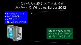 1 台から大規模システムまでを
        カバーする Windows Server 2012
•   64 物理ソケット
•   640 論理CPU
•   4 TB メモリ
•   NUMA 対応の加速


                        640 個の CPU 処理を
                        タスクマネージャーで
                         確認しているところ
 