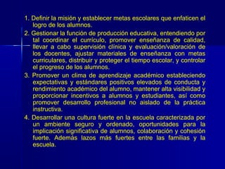 1. Definir la misión y establecer metas escolares que enfaticen el
   logro de los alumnos.
2. Gestionar la función de producción educativa, entendiendo por
   tal coordinar el currículo, promover enseñanza de calidad,
   llevar a cabo supervisión clínica y evaluación/valoración de
   los docentes, ajustar materiales de enseñanza con metas
   curriculares, distribuir y proteger el tiempo escolar, y controlar
   el progreso de los alumnos.
3. Promover un clima de aprendizaje académico estableciendo
   expectativas y estándares positivos elevados de conducta y
   rendimiento académico del alumno, mantener alta visibilidad y
   proporcionar incentivos a alumnos y estudiantes, así como
   promover desarrollo profesional no aislado de la práctica
   instructiva.
4. Desarrollar una cultura fuerte en la escuela caracterizada por
   un ambiente seguro y ordenado, oportunidades para la
   implicación significativa de alumnos, colaboración y cohesión
   fuerte. Además lazos más fuertes entre las familias y la
   escuela.
 