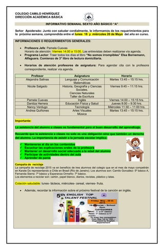 COLEGIO CAMILO HENRÍQUEZ
DIRECCIÓN ACADÉMICA BÁSICA
INFORMATIVO SEMANAL SEXTO AÑO BÁSICO “A”
Señor Apoderado: Junto con saludar cordialmente, le informamos de los requerimientos para
la próxima semana, comprendida entre el lunes 18 y miércoles 20 de Mayo del año en curso.
INFORMACIONES O REQUERIMIENTOS GENERALES:
 Profesora Jefe: Pamela Cuevas
Horario de atención: Viernes 14:00 a 15:00. Las entrevistas deben realizarse vía agenda.
 Programa Lector: Traer todos los días el libro “No somos irrompibles” Elsa Bornemann,
Alfaguara. Comienzo de 3° libro de lectura domiciliaria.
 Horarios de atención profesores de asignatura: Para agendar cita con la profesora
correspondiente, realizar vía agenda.
Profesor Asignatura Horario
Alejandra Salinas Lenguaje y Comunicación
Matemáticas
Martes 13:45 – 15:15 hrs.
Nicole Salgado Historia, Geografía y Ciencias
Sociales.
Ciencias Naturales
Taller de Escritura
Viernes 9:45 – 11:15 hrs.
Pamela Cuevas Inglés Viernes 14:00 – 15:15 hrs.
Danitza Herrera Educación Física y Salud Jueves 8:00 – 9:30 hrs.
Nancy Verdugo Tecnología Miércoles 11:30 – 11:00 hrs.
Andrea Quiñones Artes Visuales
Música
Martes 13:45 – 15:15 hrs.
Importante:
La asistencia del alumno a clases es fundamental para el buen desarrollo del aprendizaje.
Recuerde que la asistencia a clases no solo es una obligación sino que también un derecho
del alumno. La importancia de asistir a la jornada escolar implica:
 Mantenerse al día en los contenidos
 Escuchar las explicaciones orales de la profesora
 Mantener un desarrollo social adecuado a la edad del alumno
 Participar de actividades dentro del aula
 Aprender de pares
Campaña de reciclaje
La campaña de reciclaje 2015 va en beneficio de tres alumnos del colegio que en el mes de mayo competirán
en Karate Do representando a Chile en Brasil (Río de Janeiro). Los alumnos son: Camilo González- 5º básico A,
Fernanda Sierra- 7º básico y Esperanza Ormeño- 7º básico.
Los elementos a reciclar son: cartón, papel blanco, diarios, revistas, plástico y latas.
Colación saludable: lunes- lácteos, miércoles- cereal, viernes- fruta.
 Además, recordar la información sobre el próximo festival de la canción en inglés.
 