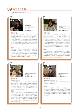 東京都市大学
塩尻高等学校 � 年生
＊参加当時
塩原 優菜 さん
起立性調節障害の人が抱える周りの理解のなさから生まれる生き
づらさがない世界を作りたいとの思いから事業内容を考えま
した。
「心の病気」ってどんなものなのか知らないからこその悪いイ
メージ
だったり、
心の病気を持った人たちに対する世間の厳しい態度は現
れたりするのではないで
しょ
うか。
そこで、
「心の病気」
とはどんなもの
なのか知ってもらえる機会を作りたいと考えています。
今回は私たち
学生にとても身近な
「起立性調節障害」
に注目
して、
活動を行いま
し
た。
他の参加者のピッチを聞いて、みんな大人だなと感心しま
した。
隣
で同じ話を聞いて、同じよ
うに事業を持っている人たちがいて心強
かったです。
学校の探究はグループ学習だったため、周りにあわせ
なければいけませんで
した。
エヌイチ道場ではひと
りひと
りが事業を
持っているので、進捗の差が生まれるのが刺激になり
ま
した。
抜い
たり抜かされたりする関係が 新鮮でよかったです。
松本県ヶ丘高等学校 � 年
＊参加当時
＊
「エヌイチ道場」
� 期にも参加
中嶌桃和子 さん
「ツナガルタンキュウ」
は、探究学習に取り組む高校生をつなげて、
話して、
一歩進むこ
と
を促す事業です。
「自分に
しかできないワクワク
を創れる人がた
く
さんいる未来になってほ
しい」
、
という思いから、高
校生の探究学習に注目
しています。
既に高校教育で必修化と
して
いる探究学習は自分で学び、
考え、
行動する力がつく魅力的な学び
です。
しか
し現状は課題が多く、なかでも私はモチベーショ
ン低下と
いう課題に着目
しています。
ワークショ
ップやデジタル技術を介して
探究学習を頑張る高校 生同士を繋げて
１人でも多く
の高校生が自
分に
しかないワクワクを追究できる環境を作りたいと考えています。
前期でも自分に対して成長したと思っていま
したが、今振り返ると
「成長させてもらっていた」と感じま
した。
イ
ンプッ
トと周りの刺激が
多く、自分の中で消化することができていませんで
した。
今期はそ
う
いう意味では自分が行動したいこと
を行動に移せたり、自分自身で
成長を取りにいく
ことができたり
したと感じま
した。
松本県ケ丘高等学校 � 年
＊参加当時
伏見百々花 さん
『uluhalo
（ウルハロ）
』
私たちは助けを求められない人たちが助けを求められて、誰もが居
場所を感じ
られる社会を目指しています。
私たちは第 3 の居場所を
「子ど
も食堂」
と
と
らえ、
「子ど
も食堂」が誰でも来やすい場所にな
り、たく
さんの人に来てもら
う
ことで本当に困っている人も来やすく
なるのではないかと思いま
した。
そ
して、
「子ど
も食堂」
のマイナスな
イ
メ
ージを変えるために活動を
しています。
もと
もとは人前で話すこと
とか、こ
ういう輪の中で話すのがすご
く苦
手で
した。
極度に緊張しちゃ
う
とか、
声が震えて
しま
うのがコンプレッ
クスで
したが、回数を重ねる
う
ちに、人前で話せるよ
うになった気が
します。
大人数の前で話すこと
も、前ほど緊張しな
く
なり、自分に自
信が持てるよ
うになり
ま
した。
行動力とか、人と関わろ
う
という気持
ち、変えていきたいという気持ちが強く現れるよ
うになり、挑戦する
気持ちが強く
なり
ま
した。
木曽青峰高等学校 � 年
＊参加当時
久保晴希 さん
事業内容
『ぬく
もりホームステイ』
僕の生まれた木曽町を盛り上げるために木曽町の魅力を感じても
ら
うホームステイ
を考えま
した。
自主的に活動しているだけなので、受け入れ先とか参加したいとい
うよ
うな人が出てく
る活動を
したいと思っています。
木曽での活動も
したいと思っていますが、
さ
らにいろいろなこと
も挑戦していきたいで
す。
あとは、
こ
ういう場に参加したことで、
行動力が増えたので、
工業
クラブなどの使えるものを使っていろんなイベン
トを開催したいなと
思っています。
 