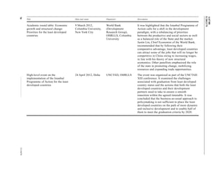 A/67/88 
E/2012/75 
70 12-34474 
Title Date and venue Organizers Description 
Academic round table: Economic 
9 March 2012, 
growth and structural change: 
Columbia University, 
Priorities for the least developed 
New York City 
countries 
World Bank 
(Development 
Research Group), 
OHRLLS, Columbia 
University 
It was highlighted that the Istanbul Programme of 
Action calls for a shift in the development 
paradigm, with a rebalancing of priorities 
between the productive and social sectors as well 
as a balanced role of the State and the market. 
Justin Lin, Chief Economist of the World Bank, 
recommended that by following their 
comparative advantage, least developed countries 
can attract some of the jobs that will no longer be 
competitive in China owing to increasing wages, 
in line with his theory of new structural 
economics. Other panellists emphasized the role 
of the state in promoting change, mobilizing 
resources and expanding trade opportunities. 
High-level event on the 
implementation of the Istanbul 
Programme of Action for the least 
developed countries 
24 April 2012, Doha UNCTAD, OHRLLS The event was organized as part of the UNCTAD 
XIII conference. It examined the challenges 
associated with graduation from least developed 
country status and the actions that both the least 
developed countries and their development 
partners need to take to ensure a smooth 
transition within the agreed timetable. It was 
concluded that the business-as-usual approach to 
policymaking is not sufficient to place the least 
developed countries on the path of more dynamic 
and inclusive development and to enable half of 
them to meet the graduation criteria by 2020. 
