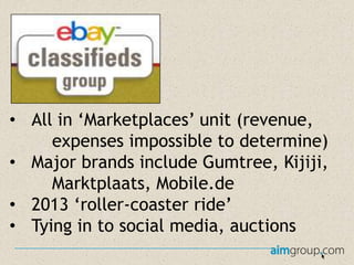 • All in ‘Marketplaces’ unit (revenue,
expenses impossible to determine)
• Major brands include Gumtree, Kijiji,
Marktplaats, Mobile.de
• 2013 ‘roller-coaster ride’
• Tying in to social media, auctions

 