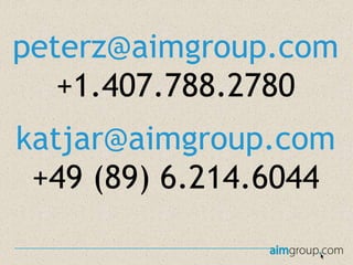 peterz@aimgroup.com
+1.407.788.2780
katjar@aimgroup.com
+49 (89) 6.214.6044

 