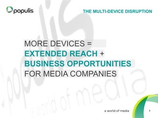 THE MULTI-DEVICE DISRUPTION

MORE DEVICES =
EXTENDED REACH +
BUSINESS OPPORTUNITIES
FOR MEDIA COMPANIES

5

 