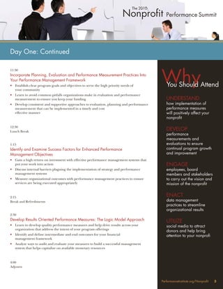 Day One: Continued



                                                                                         Why
11:30
Incorporate Planning, Evaluation and Performance Measurement Practices Into
Your Performance Management Framework
• Establish clear program goals and objectives to serve the high priority needs of          You Should Attend
  your community
• Learn to avoid common pitfalls organizations make in evaluation and performance
  measurement to ensure you keep your funding                                               UNDERSTAND
• Develop consistent and supportive approaches to evaluation, planning and performance      how implementation of
  measurement that can be implemented in a timely and cost                                  performance measures
  effective manner                                                                          will positively affect your
                                                                                            nonproﬁt

12:30
Lunch Break
                                                                                            DEVELOP
                                                                                            performance
                                                                                            measurements and
1:15                                                                                        evaluations to ensure
Identify and Examine Success Factors for Enhanced Performance                               continual program growth
Management Objectives                                                                       and improvement
• Gain a high return on investment with effective performance management systems that
  put your work into action                                                                 ENGAGE
• Discuss internal barriers plaguing the implementation of strategy and performance         employees, board
  management systems                                                                        members and stakeholders
• Measure organizational outcomes with performance management practices to ensure           to carry out the vision and
  services are being executed appropriately                                                 mission of the nonproﬁt


2:15                                                                                        ENACT
Break and Refreshments                                                                      data management
                                                                                            practices to streamline
                                                                                            organizational results
2:30
Develop Results Oriented Performance Measures: The Logic Model Approach                     UTILIZE
• Learn to develop quality performance measures and help drive results across your          social media to attract
  organization that address the intent of your program offerings
                                                                                            donors and help bring
• Identify and deﬁne intermediate and end outcomes for your ﬁnancial                        attention to your nonproﬁ
  management framework
• Analyze ways to audit and evaluate your measures to build a successful management
  system that helps capitalize on available monetary resources



4:00
Adjourn



                                                                                         PerformanceInstitute.org/Nonproﬁt   3
 