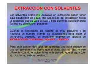 Esp. Farm. María Alejandra
Moyano
EXTRACCION CON SOLVENTES
EXTRACCION CON SOLVENTES
Los solventes orgánicos utilizados en extracción deben tener
baja solubilidad en agua, alta capacidad de solvatación hacia
la sustancia que se va a extraer y bajo punto de ebullición para
facilitar su eliminación posterior.
Cuando el coeficiente de reparto es muy pequeño y se
necesita un número grande de extracciones para aislar el
compuesto deseado, es preferible emplear un aparato de
EXTRACCI
EXTRACCIÓ
ÓN CONTINUA L
N CONTINUA LÍ
ÍQUIDO
QUIDO -
- L
LÍ
ÍQUIDO
QUIDO.
.
Para esto existen dos tipos de aparatos: uno para cuando se
usa un solvente más ligero que el agua (por ej. éter) y otro
diferente cuando el solvente es más pesado que el agua (por
ej. cloroformo o diclorometano).
 