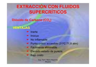Esp. Farm. María Alejandra
Moyano
EXTRACCI
EXTRACCIÓ
ÓN CON FLUIDOS
N CON FLUIDOS
SUPERCR
SUPERCRÍ
ÍTICOS
TICOS
Di
Dió
óxido de Carbono (CO
xido de Carbono (CO2
2)
)
VENTAJAS
VENTAJAS
 Inerte
 Inocuo
 No inflamable
 Punto crítico accesible (31ºC 71,8 atm)
 Fácilmente eliminable
 Elevado estado de pureza
 Bajo costo
 