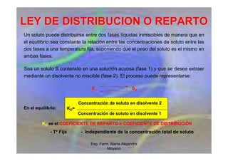 Esp. Farm. María Alejandra
Moyano
LEY DE DISTRIBUCION O REPARTO
LEY DE DISTRIBUCION O REPARTO
Un soluto puede distribuirse entre dos fases líquidas inmiscibles de manera que en
el equilibrio sea constante la relación entre las concentraciones de soluto entre las
dos fases a una temperatura fija, suponiendo que el peso del soluto es el mismo en
ambas fases.
Sea un soluto S contenido en una solución acuosa (fase 1) y que se desea extraer
mediante un disolvente no miscible (fase 2). El proceso puede representarse:
S
S1
1 S
S2
2
En el equilibrio:
K
KD
D es el COEFICIENTE DE REPARTO o COEFICIENTE DE DISTRIBUCIÓN
- Tº Fija - Independiente de la concentración total de soluto
Concentración de soluto en disolvente 2
KD=
Concentración de soluto en disolvente 1
 