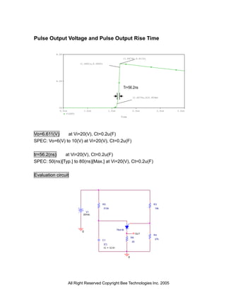 Pulse Output Voltage and Pulse Output Rise Time

           8.0V
                                                               (1.6676u,6.6114)

                          (1.6641u,6.0800)




           4.0V


                                                               Tr=56.2ns

                                                                          (1.6079u,610.909m)



             0V
             0.5us             1.0us               1.5us                  2.0us           2.5us   3.0us
                 V(OUT)
                                                              Time




Vo=6.611(V)    at Vi=20(V), Ct=0.2u(F)
SPEC: Vo=6(V) to 10(V) at Vi=20(V), Ct=0.2u(F)


tr=56.2(ns)   at Vi=20(V), Ct=0.2u(F)
SPEC: 50(ns)[Typ.] to 80(ns)[Max.] at Vi=20(V), Ct=0.2u(F)


Evaluation circuit




                                         R5                                             R3
                                             510k                                        16k
                              V1
                            20Vdc




                                                           TN41B
                           0
                                                                              OUT
                                                                                        R4
                                                                         R6
                                         C1                                              27k
                                                                         20
                                             {C}
                                             IC = 12.91



                                                                     0




                  All Right Reserved Copyright Bee Technologies Inc. 2005
 