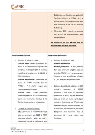 EXFILO
PLF pour 2016 : les mesures intéressant les collectivités territoriales
18/11/2015- N15-1120
7
- Ecrêtement en fonc...